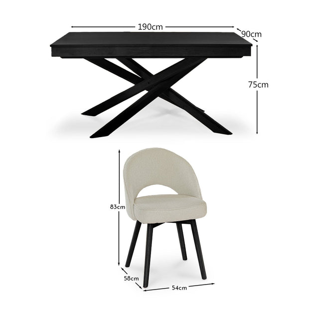 Amelia Black Dining Table Set - 6 Seater - Marilyn Boucle Dining Chairs - Black Legs