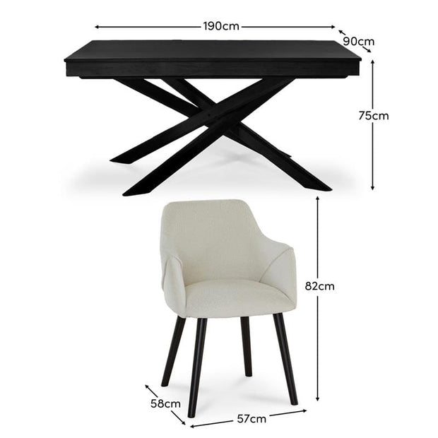 Amelia Black Dining Table Set - 6 Seater - Freya Boucle Carver Chairs - Black Legs