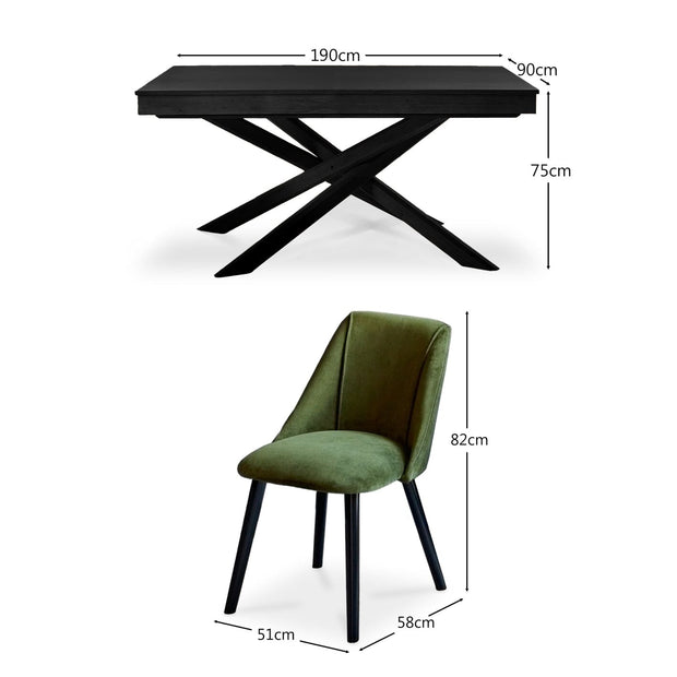 Amelia Black Dining Table Set - 6 Seater - Freya Fern Green Dining Chairs - Black Legs