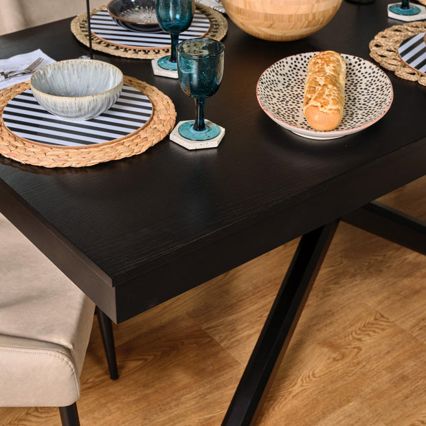 Amelia Black Dining Table Set - 6 Seater - Bella Light Beige Boucle Dining Chairs - Black Legs